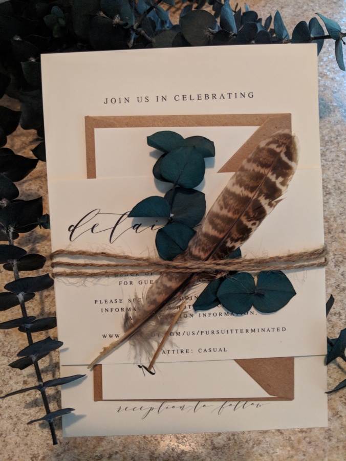 Diy rustic wedding invitations with eucalyptus and feathers inexpensive